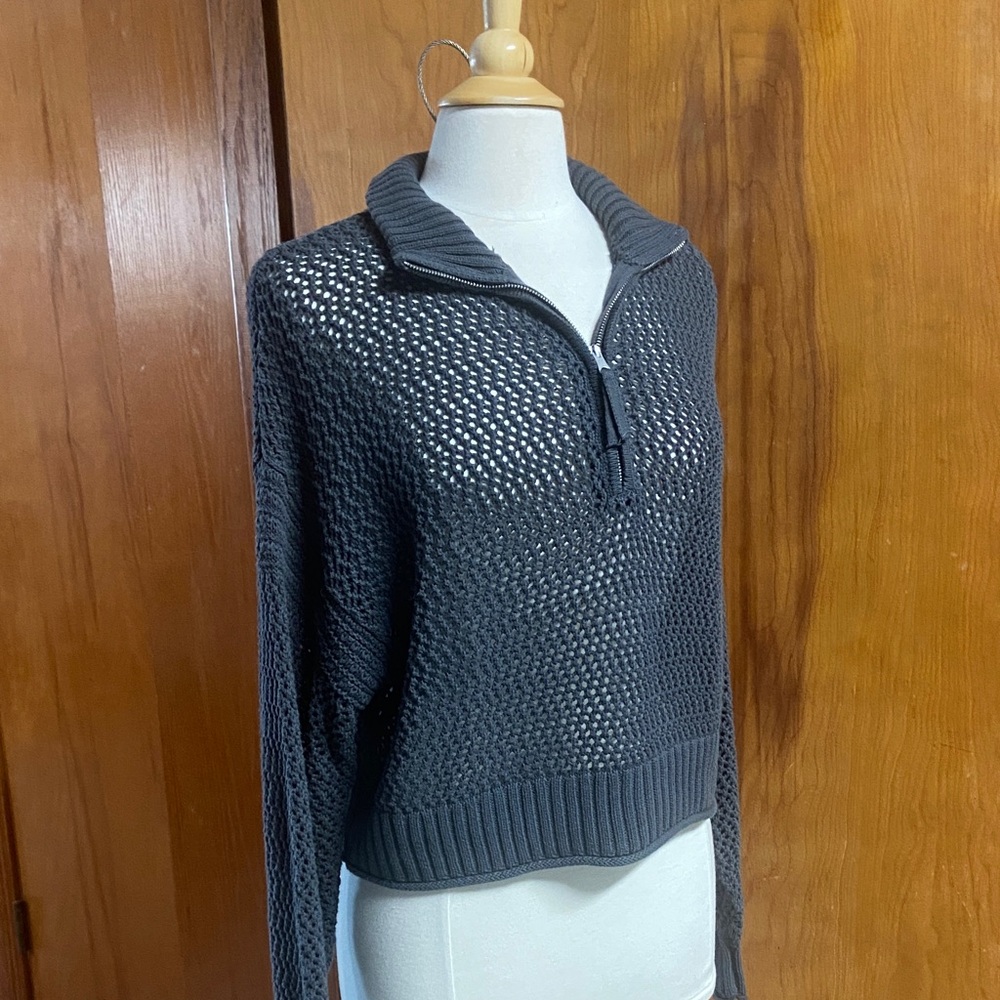AERIE Charcoal Open-Knit Half Net Quarter-Zip Sweater M